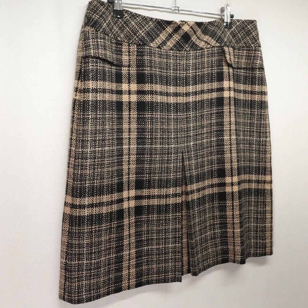 Ann Taylor Skirt 12 Brown Plaid Tweed Pencil Wool Blend Career Academia Office
